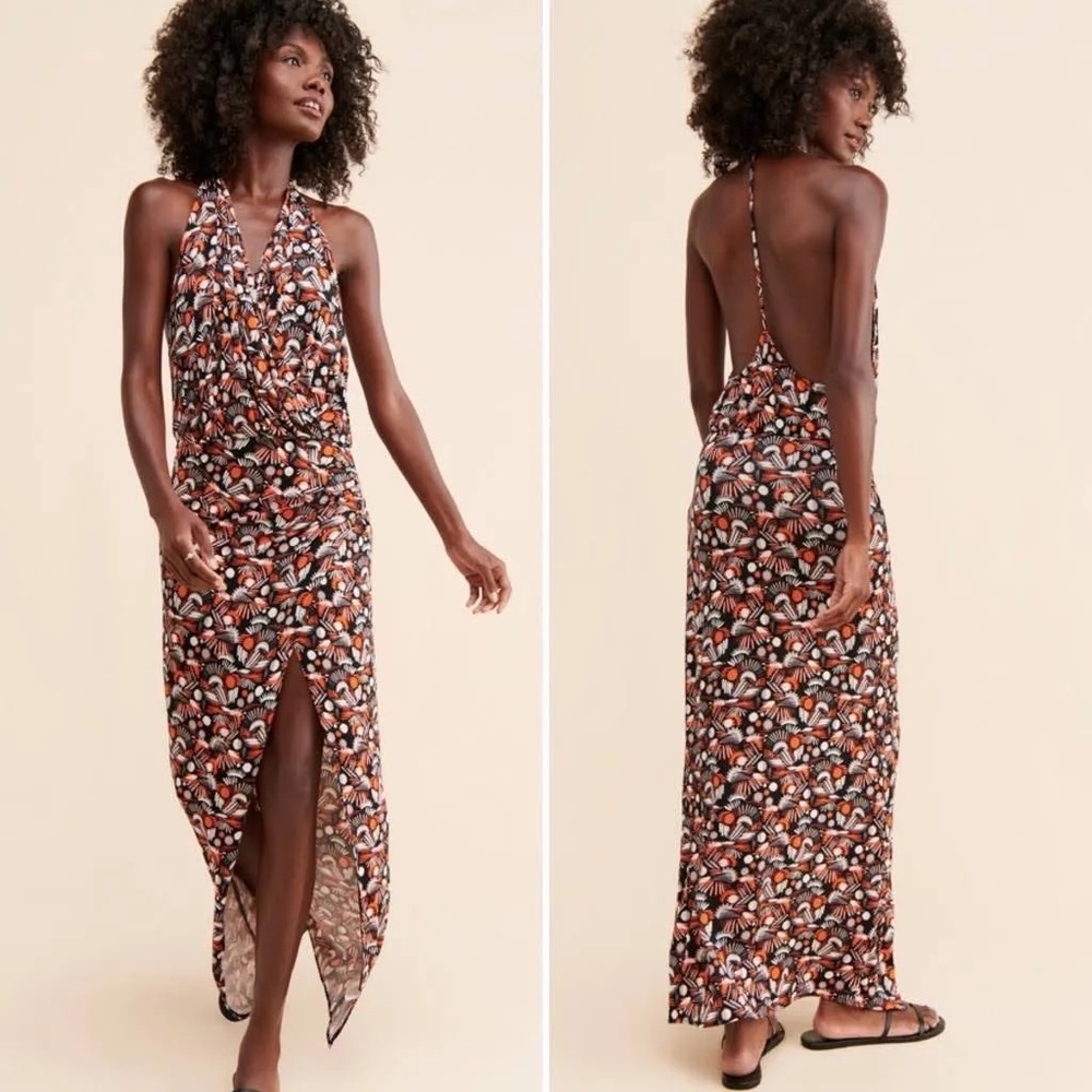 Free People Daria Wrap Dress with Open Back in black and orange